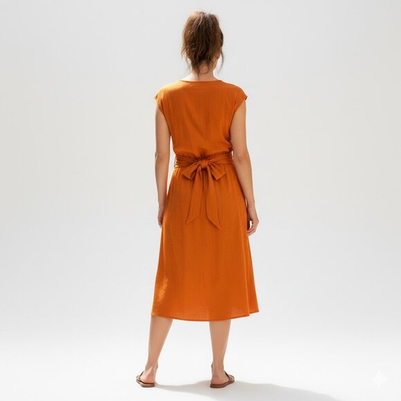 Zara orange jacquard tie front short sleeve long maxi dress Sz Small - Picture 4 of 7